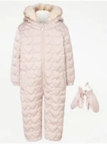 Light Gold Heart Quilted Snowsuit and Mittens Set