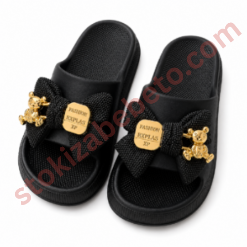 Untitled design - 2026-09-03T164726.852 Дамски чехли „Black Bow Teddy Luxury“ – черни чехли с панделка и златна декорация - Image 1