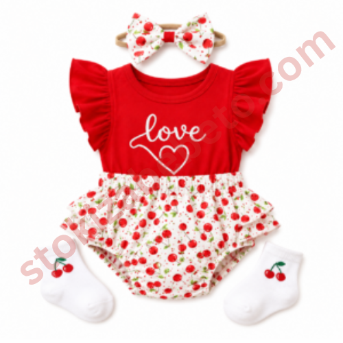 Untitled design - 2026-09-04T134704.596 Детски бебешки комплект „Cherry Love“ – червено боди с къси панталонки и лента за глава - Image 1
