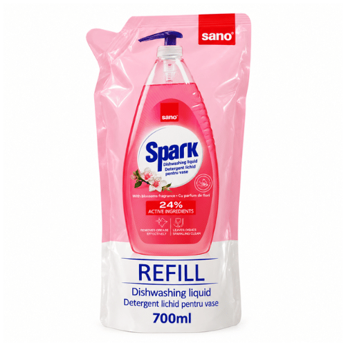 Sano Spark Refill препарат за миене на съдове в розова опаковка за презареждане, 700 мл