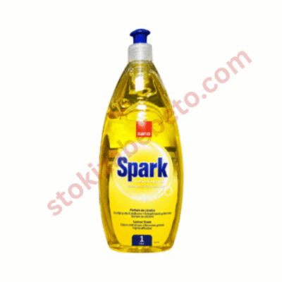 Сано Spark Лимон 1 л – течен препарат за ръчно миене на съдове с лимонов аромат, прозрачна бутилка с жълта течност, син дозатор и жълт етикет.