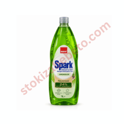 Сано Spark 1 л – концентриран течен препарат за ръчно миене на съдове с 24% активни съставки, зелена бутилка със син дозатор.