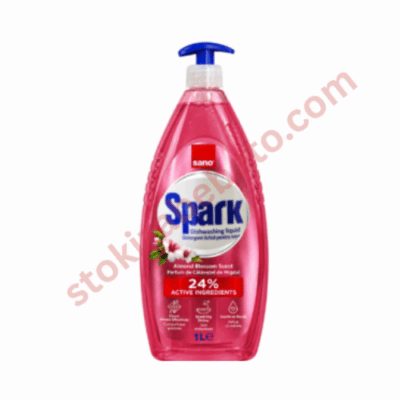 Сано Spark Розов 1 л – концентриран течен препарат за миене на съдове с 24% активни съставки и аромат на бадемов цвят, розова бутилка.